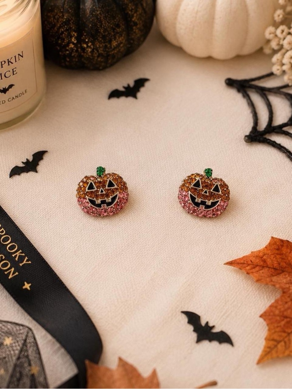 BaubleBar Pick of the Patch Pumpkin Stud Earrings Halloween Rhinestone Jewelry